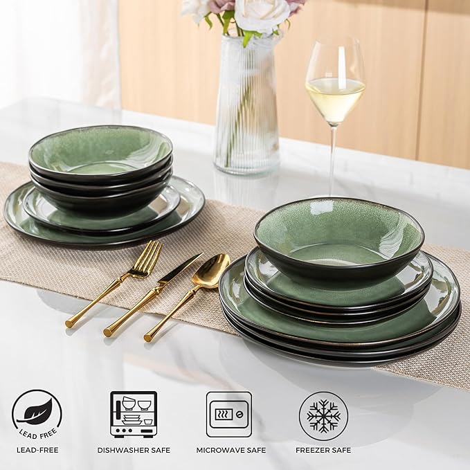 AmorArc Ceramic Dinnerware Sets,Handmade Reactive Glaze Stoneware Plates and Bowls Set,Highly Chip and Crack Resistant | Dishwasher & Microwave Safe Dishes Set,Service for 4 (12pc)