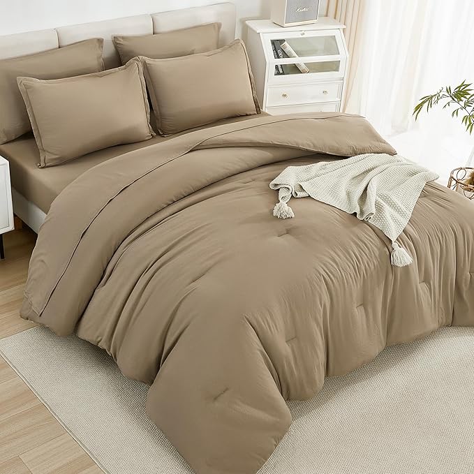 Litanika California King Comforter Set Taupe - 7 Pieces Bed in a Bag Cal King Bedding Comforter Sets, Plain Lightweight Bed Set with Comforter, Sheets, Pillowcases & Shams