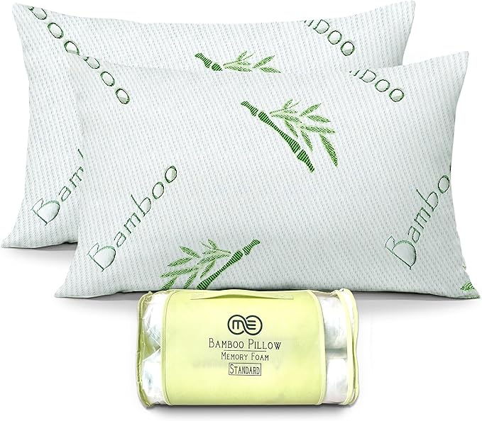 OMEO 2 Pack Standard Size Rayon Derived from Bamboo Pillow for Sleeping Shredded Memory Foam Bed Pillows for Side, Back and Stomach Sleepers, Soft, Cooling, Adjustable and Washable Cover 20" x 26"