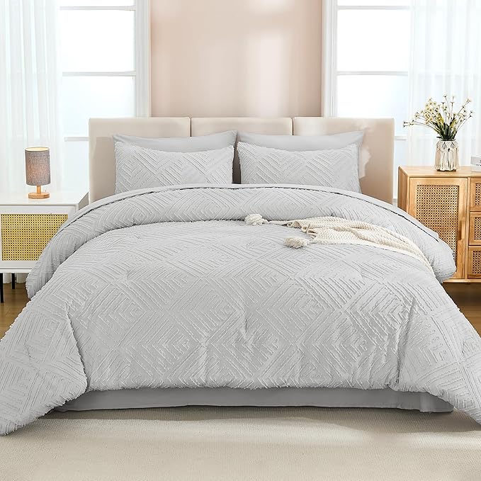 Andency Light Grey Comforter Queen Size Set with Sheets - 7 Pieces Boho Bed in a Bag Tufted Bedding Sets Lightweight All Season Bed Set with Comforter, Sheets, Pillowcases & Shams