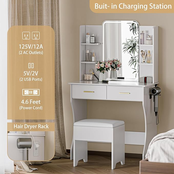 Makeup Vanity Desk with Mirror and Lights, White Vanity with Power Outlet and LED Lights, Vanity Table with 2 Drawers and 6 Storage Shelves, Vanity Set with Chair for Bedroom