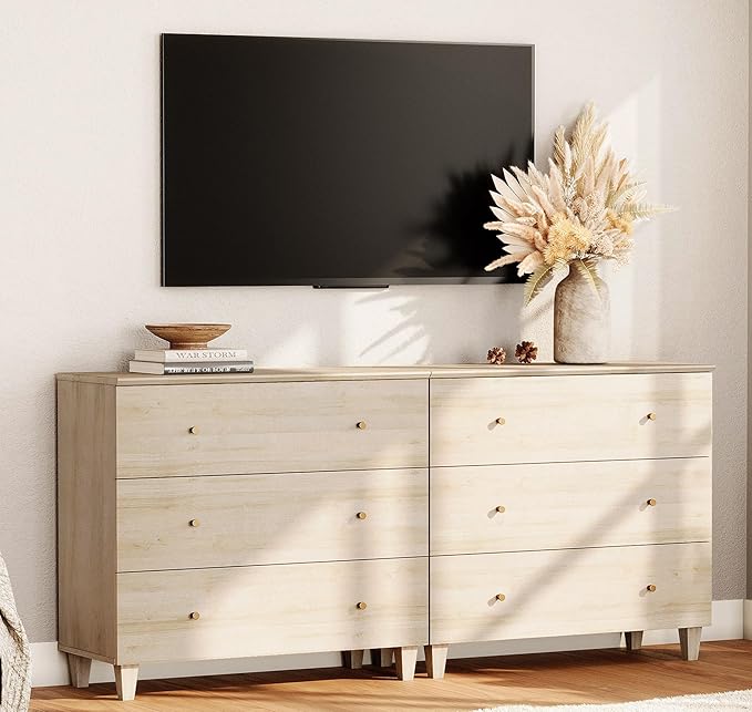 WAMPAT TV Stand Dresser for 75+ Inches TVs, 2-in-1 Wood Media Console Table with 6 Drawers, Modern Highboy Entertainment Center with Storage for Living Room Bedroom, Natural Oak