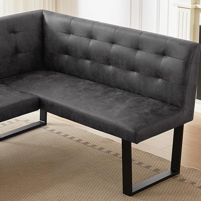 3-Piece Corner Dining Table Set with Bench, 70 Inch Space-Saving Breakfast Nook for Kitchen & Dining Room(Walnut Table & L-Seat Grey Bench)