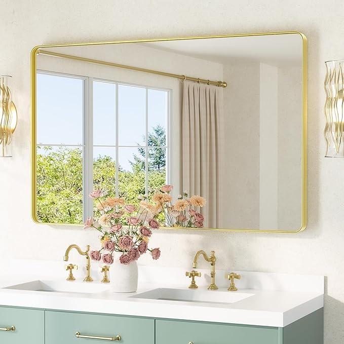 TETOTE Gold Framed Mirror 48 x 30 Vanity Mirrors for Wall Decor Brushed Gold Bathroom Mirrors, Tempered Glass, Modern Farmhouse Wall Mounted Mirror for Decorative(Horizontal/Vertical)