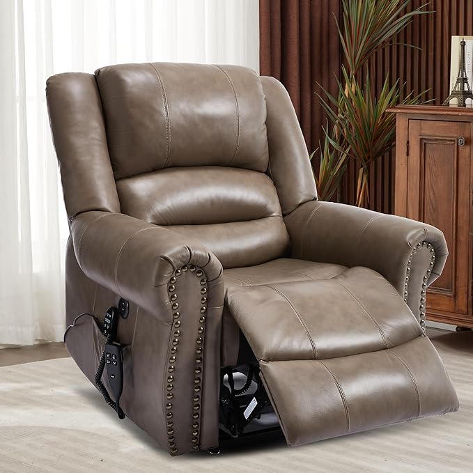 Dual Motor Power Lift Chair, Lay Flat Recliner Chair, Electric Recliner with Massage and Heat for Elderly, Remote Control, Infinite Position, Standing Assistance, USB Ports (Khaki, Genuine Leather)