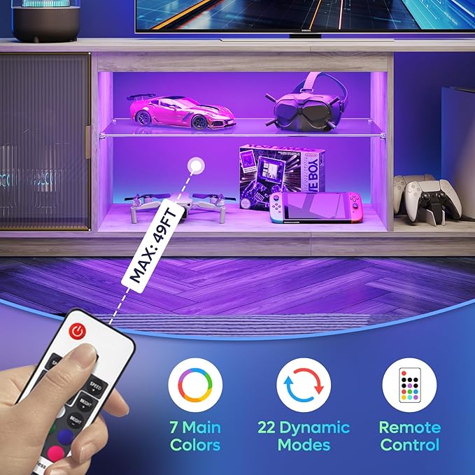 Bestier 70 inch TV Stand for TVs up to 80 Inch, LED Entertainment Center with Adjustable Glass Shelf & Translucent Doors Storage Cabinet for PS5 Xbox, Modern TV Console for Living Room, Washed Gray