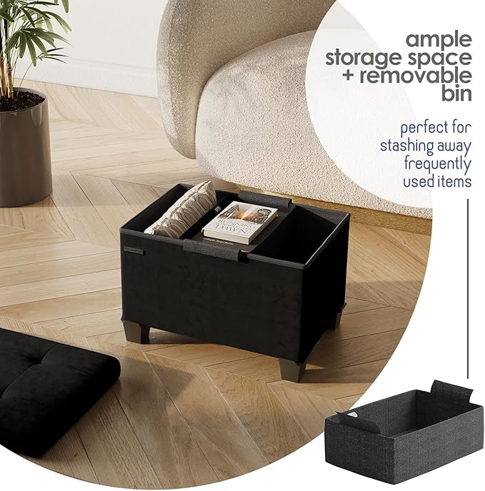 STORAGEBUD Storage Ottoman Cube with Small Bin, 16-in Square Ottoman with Storage for Living Room and Bedroom, Small Ottomans Foot Rest, Velvet Foot Stools Ottomans Max 330lbs, Black