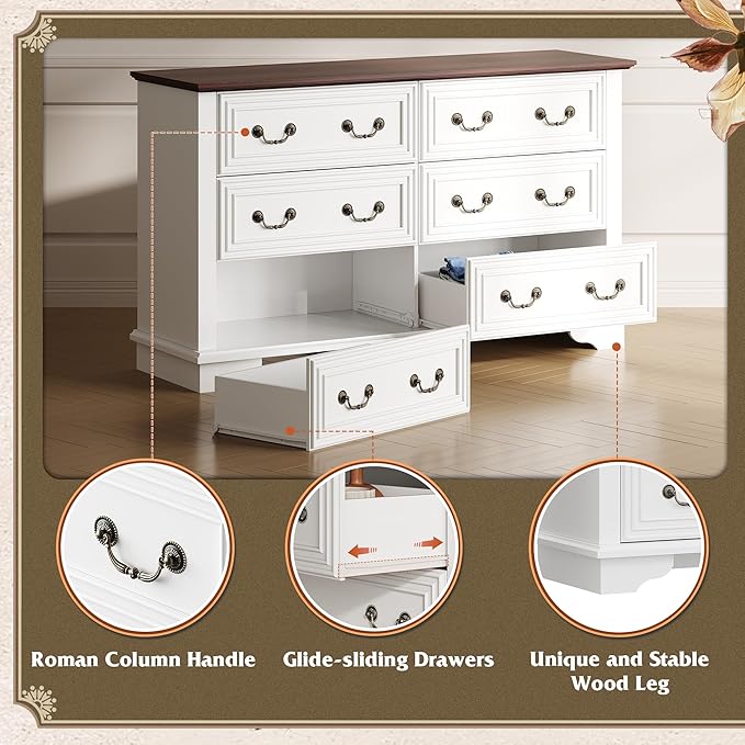 WLIVE Farmhouse Dresser for Bedroom, 51.97'' Wide Wood White Dresser with 6 Drawer, Chest of Drawers with Roman Metal Handle, TV Stand for 60 inch TV, for Living Room, Hallway