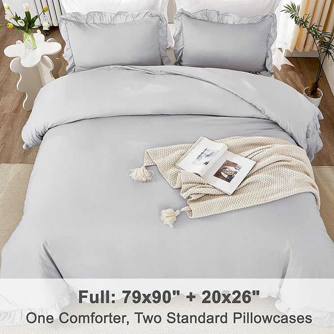 Litanika Light Grey Full Size Comforter Sets, 3 Pieces Ruffle Farmhouse Aesthetic Bedding Comforter Sets, All Season Soft Lightweight Fluffy Microfiber Bed Set(79x90In Comforter, 2 Pillowcases)