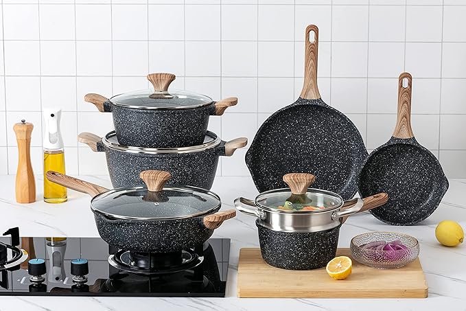 Country Kitchen Non-Stick Cast Aluminum Cookware Set - Durable Kitchen Cookware for Everyday Cooking, Grey, 11 Pc.