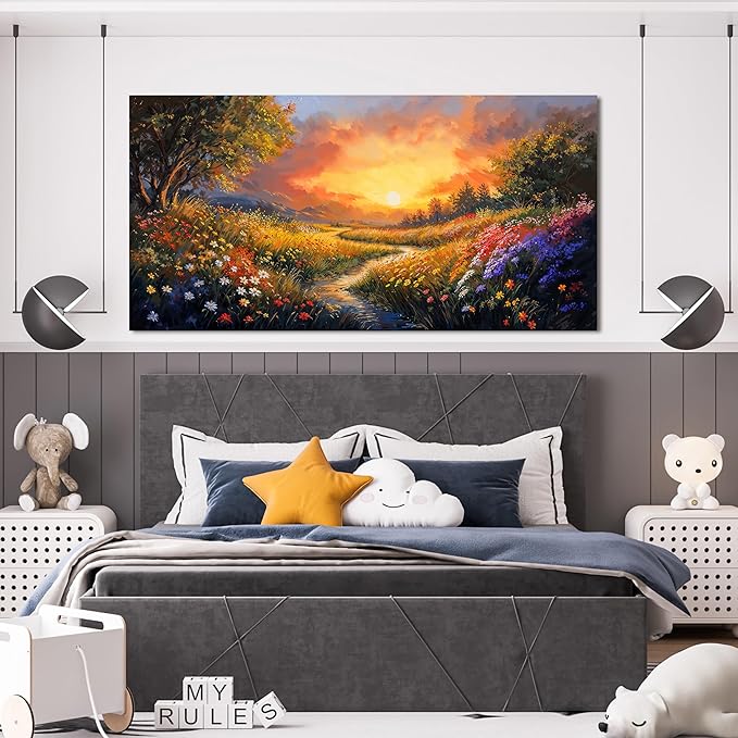 Canvas Wall Art Decor Wall Art Pictures for Living Room Large Vintage Landscape Wall Art Prints Canvas Art Wall Decor Wildflower River Artwork for Walls Bedroom Home Aesthetic Wall Art Decor 24" X 48"