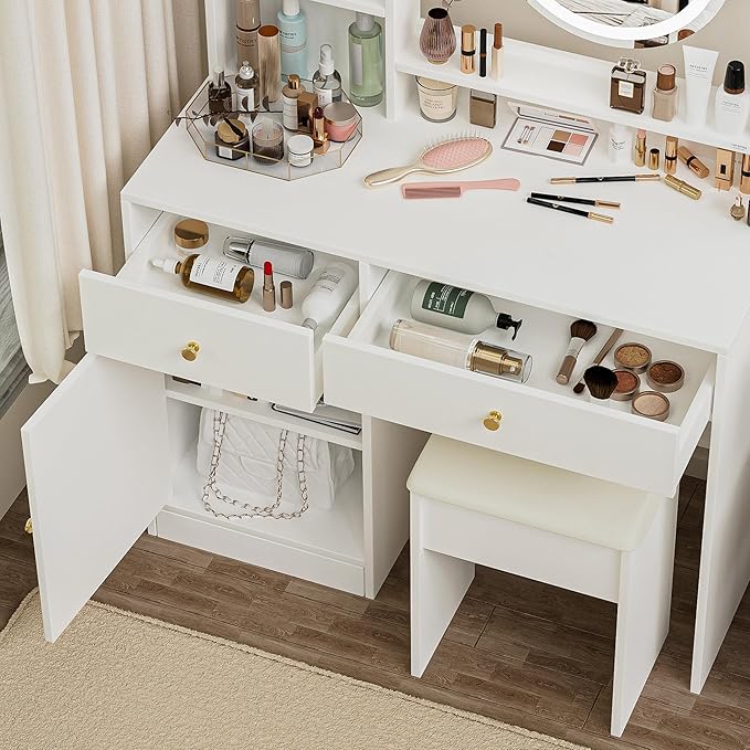 Vanity Table Set with Mirror and Adjustable Lights, Cushioned Chair, Make Up Desk for Bedroom, Elegant Dressing Table with 3 Color Lighting, 2 Drawers for Girls & Makeup Enthusiasts