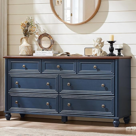 7 Drawers Dresser for Bedroom, Farmhouse 54" Wide Wood Dressers Chest of Drawers, Vintage Design TV Stand, Rustic Storage Dresser Organizer with Metal Handle Closet for Living Room, Hallway