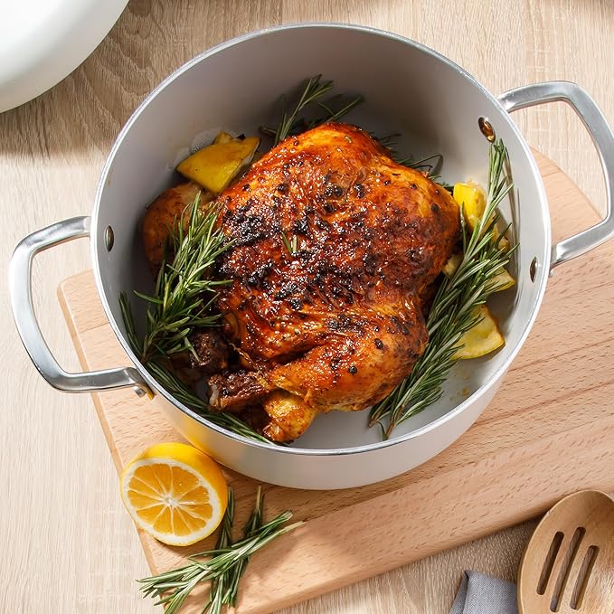 Sur La Table Kitchen Essentials Potluck Porch 10 Piece PFA Free Ceramic Non stick Interior Forged Aluminum Cookware Pots and Pans Set W/Aluminum Lids - Linen White - Induction Compatible