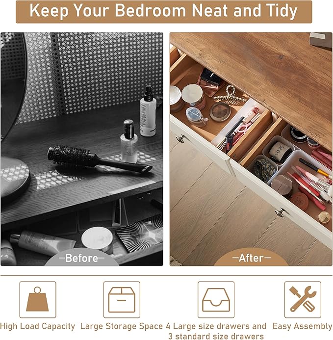 Farmhouse Dresser for Bedroom, 54" Modern 7 Drawers Dresser with Vintage Styles Pulls, Wood Rustic Closet Chest of Drawers for Living Room, Hallway, Antique White