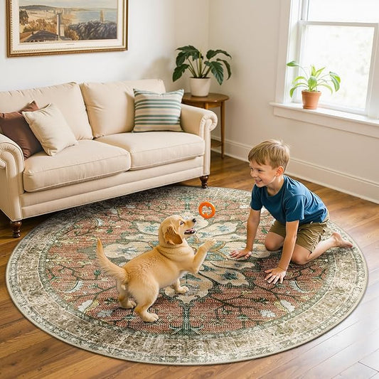 Area Rugs 6ft Washable Non-Slip, Floral Vintage Distress Print Pattern Medallion Carpet for Living Room Bedroom Dining Room, Brick Red Rust Neutral Brown Burnt Orange Green