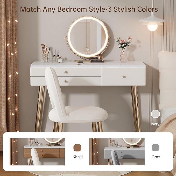 Vanity Desk with Mirror and Lights| 39" Beige Modern Makeup Vanity Set with Drawers & Adjustable Chair| White and Gold Dressing Table for Small Spaces & Bedroom