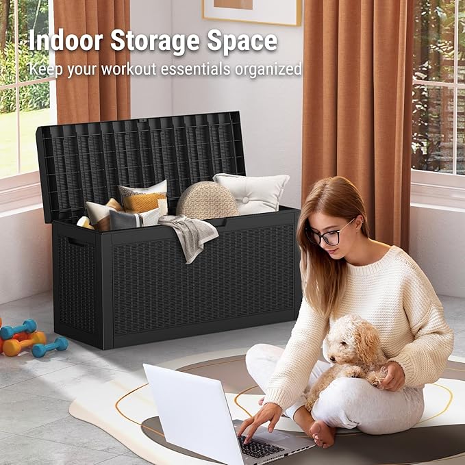 Mars Villa 60 Gallon Outdoor Storage Bench, Deck Box Waterproof Outside Resin Storage Bin for Outdoor Patio Furniture Cushions, Pool Supplies, Garden Tools, UV-Resistant and Weatherproof, Rattan Black