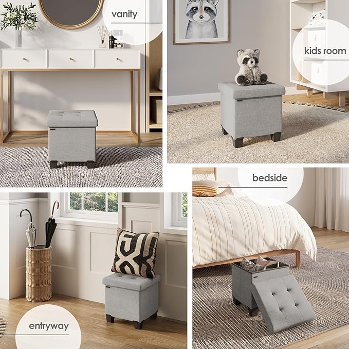 STORAGEBUD Storage Ottoman Cube with Small Bin, 16-in Square Ottoman with Storage for Living Room and Bedroom, Small Ottomans Foot Rest, Fabric Foot Stools Ottomans Max 330lbs, Light Grey