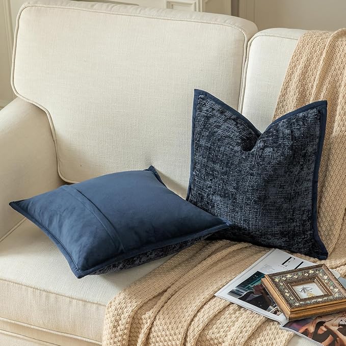 Yaertun Pack of 2 Chenille Textured Decorative Throw Pillow Covers Accent Solid Cushion Cover Soft Cozy Pillow Case with Velvet Back for Couch Sofa Bed Living Room 26x26 Inch Dark Blue