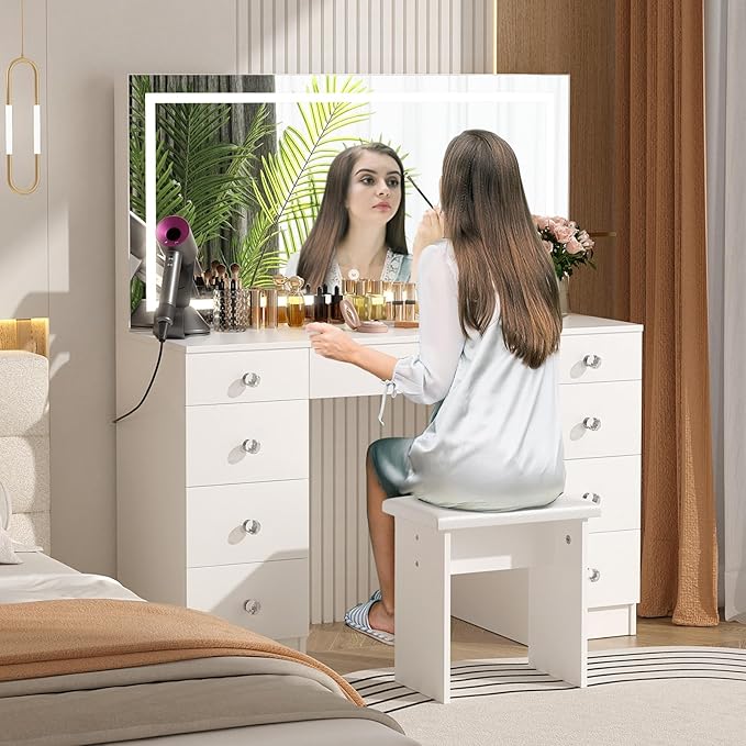 VOWNER Vanity with Lighted Mirror - 47" Makeup Vanity Desk with 9 Drawers and Power Outlet, 3 Color Lighting Modes Adjustable Brightness, Makeup Desk with Soft Cushioned Stool for Bedroom, White