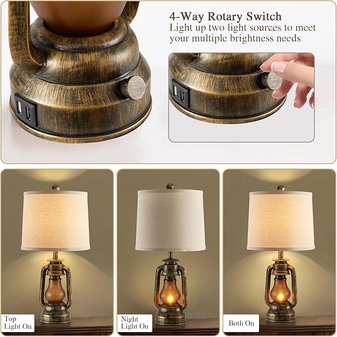 RORIANO Set of 2 Farmhouse Lantern Table Lamps for Living Room with 2 USB Charging Ports, Rustic Vintage Nightstand Lamps with Nightlight for Bedroom End Table Entryway, 4 Bulb Included