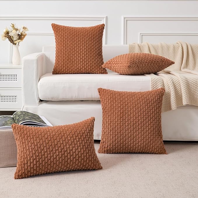 Kevin Textile Fall Decorative Pillow Covers Set of 2 Striped Plush Corduroy Pillows Pillowcases Boho Home Decor Cushion Covers for Couch Sofa Bed Living Room 20x20 Inch, Burnt Orange