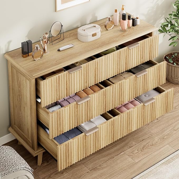 QUW Fluted Dresser for Bedroom with 6 Drawers, 47.2" Wide Modern Chest of Drawers with Metal Handle, Wooden Dresser TV Stand and Closet Clothes Storage Organizer for Living Room, Hallway, Natural Oak