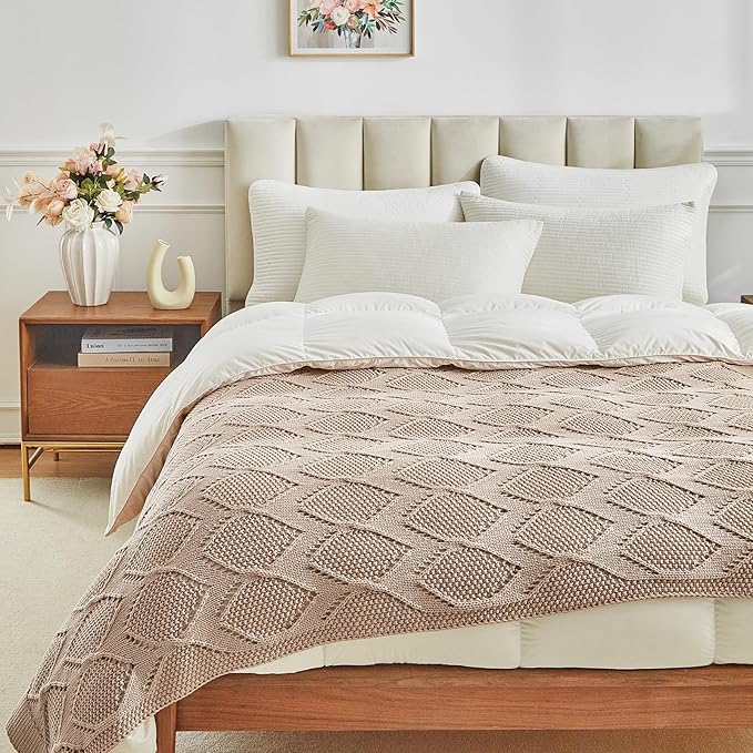 Longhui bedding Chunky Cotton Knit Throw Blanket for Couch, Sofa, Bed, or Chair, Decorative Breathable Fall Cable Knit Blanket 60 x 80 Inches, Pink Rose