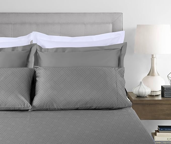 Threadmill California-King Sheets - 800 Thread Count, Jacquard Celine Dark Grey, 100% Pure Cotton 4 Piece Striped Bed Set, Extra Long Staple Cotton, Luxury Damask Sheets with Elasticized Deep Pocket