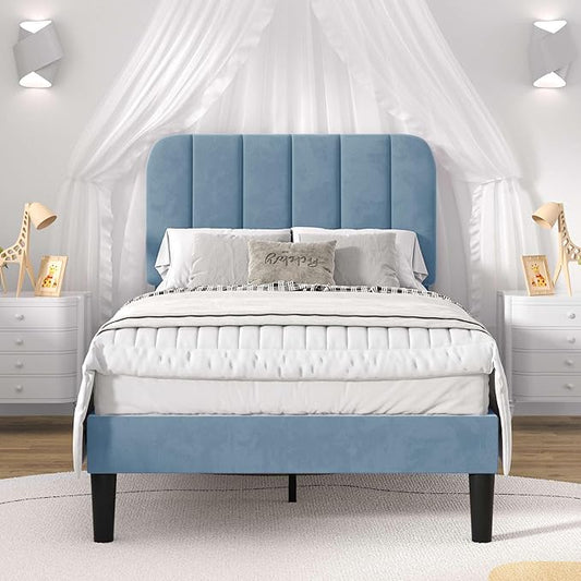 VECELO Twin Size Bed Frame with Upholstered Headboard, Velvet Platform Bedframe Mattress Foundation, Strong Wood Slat Support, No Box Spring Needed,Sky Blue