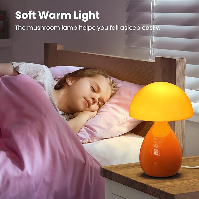 Mushroom Lamp Table Lamp, Mini Modern Lamp Bedside Nightstand Light Desk Cute Small Light Dimmable for Bedroom, Living Room, Ceramic Base Glass Led Home Decor for Woman Children Gifts