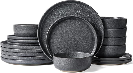 Famiware Milkyway Plates and Bowls Sets, 18 Pieces Dinnerware Sets, Reactive Glaze Dish Set, Stoneware Dishes Set for 6, Matte Dark Charcoal