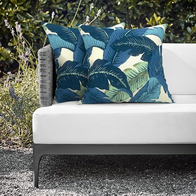 Outdoor Throw Pillows 16x16 Inch, Water Repellent Patio Pillows with Inners Set of 2, Outdoor Pillows for Patio Furniture Home Garden, Swaying Palms Blue