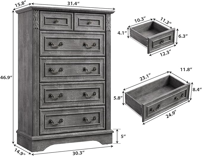 Farmhouse 6 Drawers Dresser, Wood Dressers for Bedroom, Tall 6 Chset of Drawers with Carved Wood Pilasters, Rustic Dressers Organizer for Bedroom, Hallway, Light Gray
