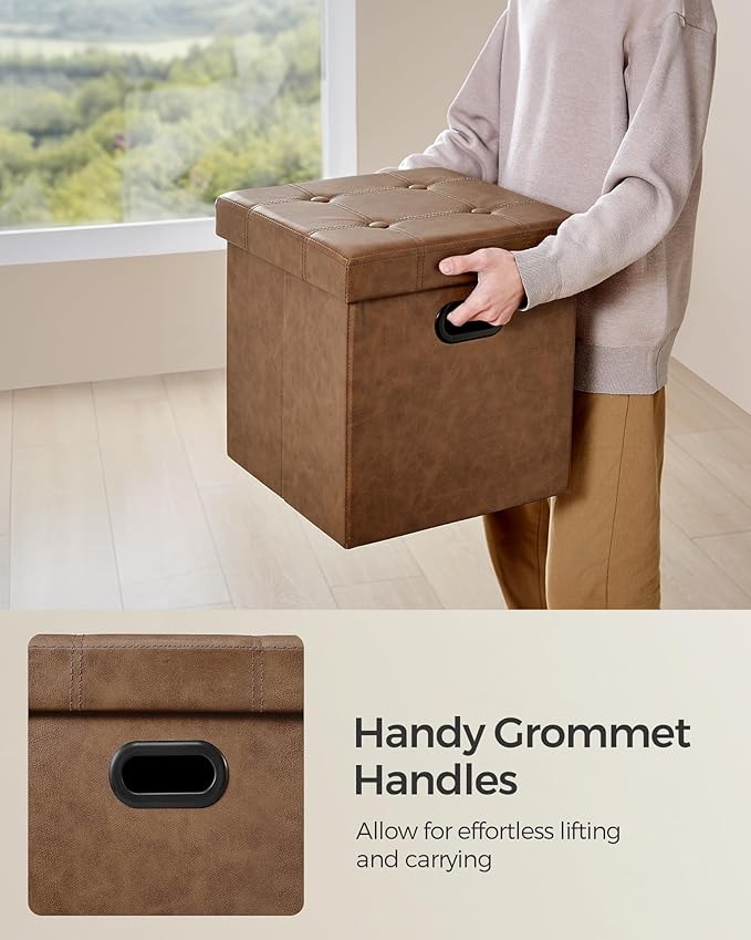 SONGMICS Mazie Collection - 15 Inches Ottoman with Storage, Footstool, Storage Ottoman with Metal Handles, Load 660 lb, for Dorm, Living Room, Bedroom, Synthetic Leather, Coffee Brown ULSF030K01