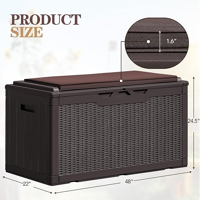 Greesum 100 Gallon Resin Deck Box Large Outdoor Storage Boxes with Cushions for Garden Tools, Patio Furniture Pillows, Pool Supplies, Dark Brown