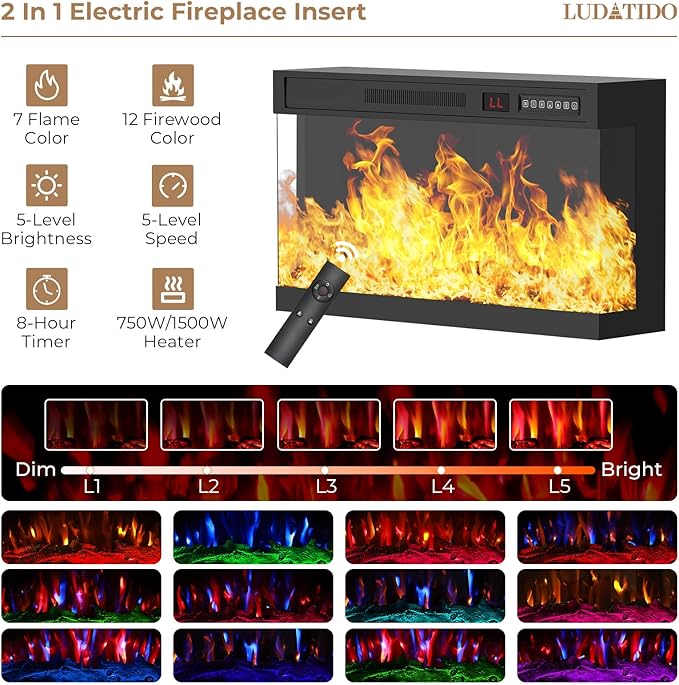 Ludatido 65 Inch FireplaceTV Stand with 3-Sided Glass Insert, Storage Cabinets & Drawers, Fits TVs up to 75", Remote & Touch Control, White Entertainment Center with USB&AC Power Interface, White