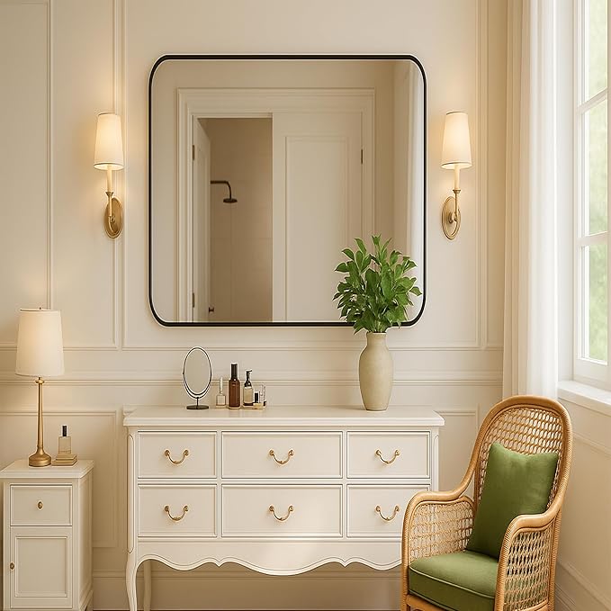 KOCUUY 30"x30" Square Rectangle Vanity Mirror, Black Metal Frame Mirror with Rounded Corner, Modern Design of Upgraded Shatterproof Glass for Bathroom, Bedroom, Living Room, Entryway