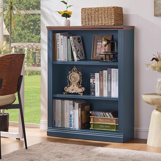 43" Blue Tall Bookshelf Set of 2,3-Tier Thick Wooden Book Shelf with Adjustable Shelves,Free Standing Farmhouse Bookcase with Open Display Storage,Floor Vintage Bookshelves for Living Room