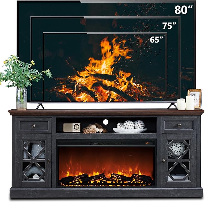 Farmhouse Fireplace TV Stand with 36" Electric Fireplace for 80 Inch TVs, 31" Tall Entertainment Center w/Drawer & Diamond Panel Door, Highboy Media Console for Living Room, 70inch, Dark Grey