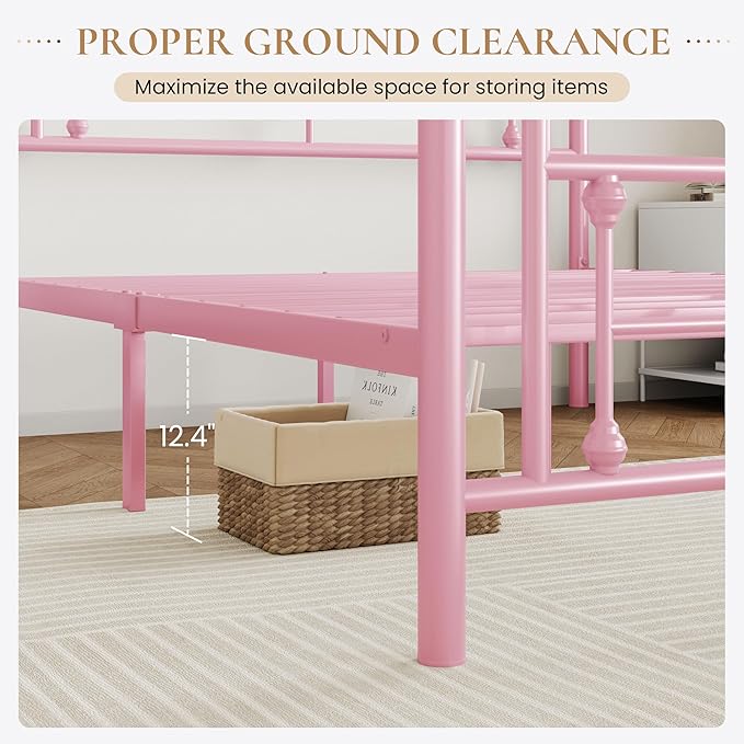 SHA CERLIN 14 Inches Twin Size Metal Platform Bed Frame/Vintage Iron-Art Headboard and Footboard/Mattress Foundation for Storage/No Box Spring Needed/Noise-Free/Easy Assembly/Pink