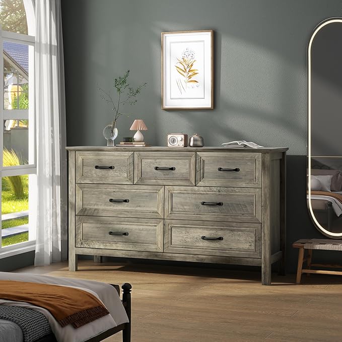 Farmhouse 7-Drawer Dresser for Bedroom, 52" Wide Wood Chest of Drawers with Large Metal Handles, Grey Dressers Storage Organizer for Bedroom, Living Room & Hallway