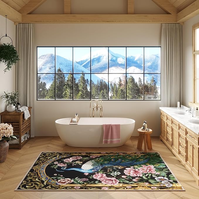 Bedroom Rug 3x5 Rug Washable Area Rug Low Pile Floral Peacock Animal Small Carpet for Bedroom, Bedside, Kitchen, Entryway, Kids Room, Office, College Dorm(Black)