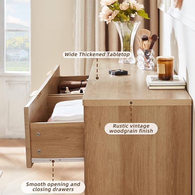 LEYAOYAO Fluted 6 Drawers Dresser Set of 2, 48" Wide Modern Chest of Drawers with Metal Handle, Natural Curved Profile Dresser TV Stand, Wooden Drawer Organizer for Bedroom, Living Room, Hallway