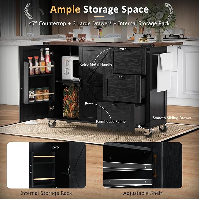 Farmhouse Kitchen Island Breakfast Bar with Drop Leaf, Power Outlet, Rolling Island Cart on Wheels Unfold Table with 3 Drawer, Srotage Cabinet, Spice Rack, Towel Rack(Black)