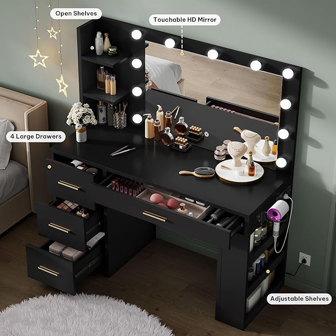 DWVO Makeup Vanity Desk with Mirror & Lights, 40inch Vanity Table with Power Outlets, 4 Drawers & 6 Open Storage Shelves, 3 Color Modes & Adjustable Brightness Dressing Table for Bedroom, Black