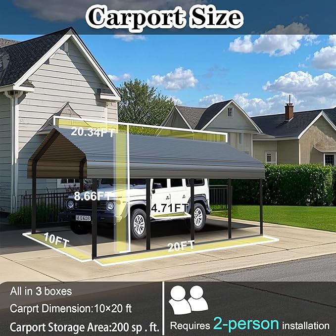 10x20 FT Heavy Duty Metal Carport with Galvanized Steel Roof & Frame – All-Weather Portable Car Garage Canopy Shelter for Cars, Safe Boat Cover for Yard