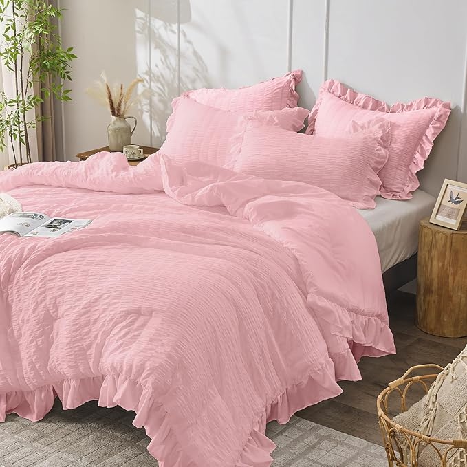 JOLLYVOGUE Pink Comforter Full Size, 3 Pieces Seersucker Lightweight Full Size Bedding, All Season Fluffy Microfiber Bedding Comforter Set with 1 Ruffle Comforter and 2 Ruffle Pillowshams
