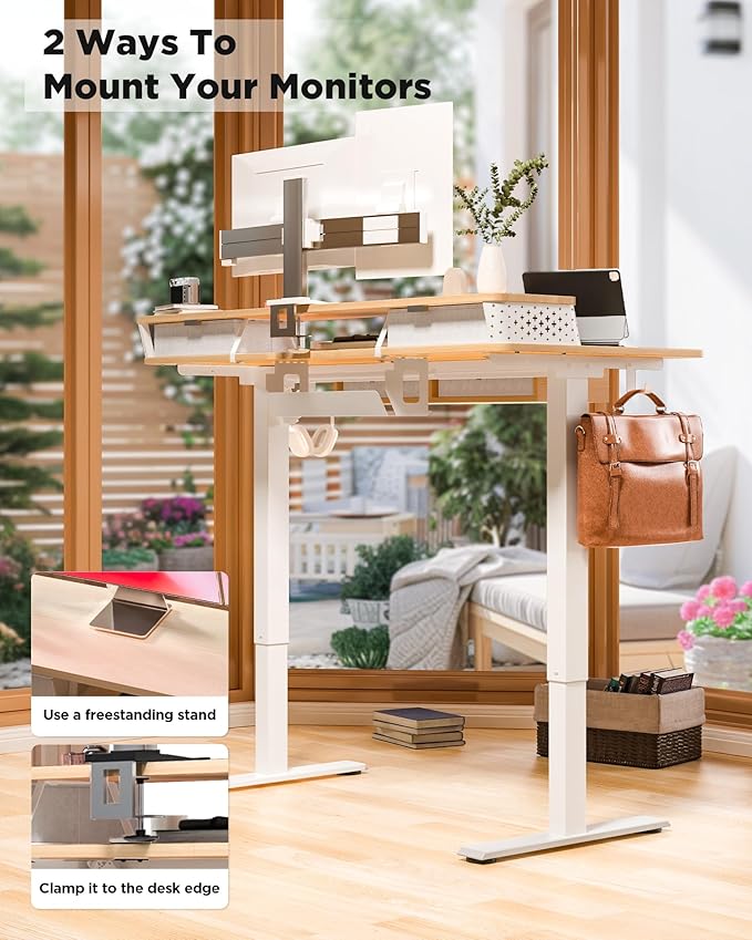 FiCiHi Adjustable Height Standing Desk with 4 Drawers,55 x 24 inches Electric Sit Stand Home Office Desk with Two Tiers, 3 Memory Presets, Monitor Stand Riser, C-Clamp Mount Compatible